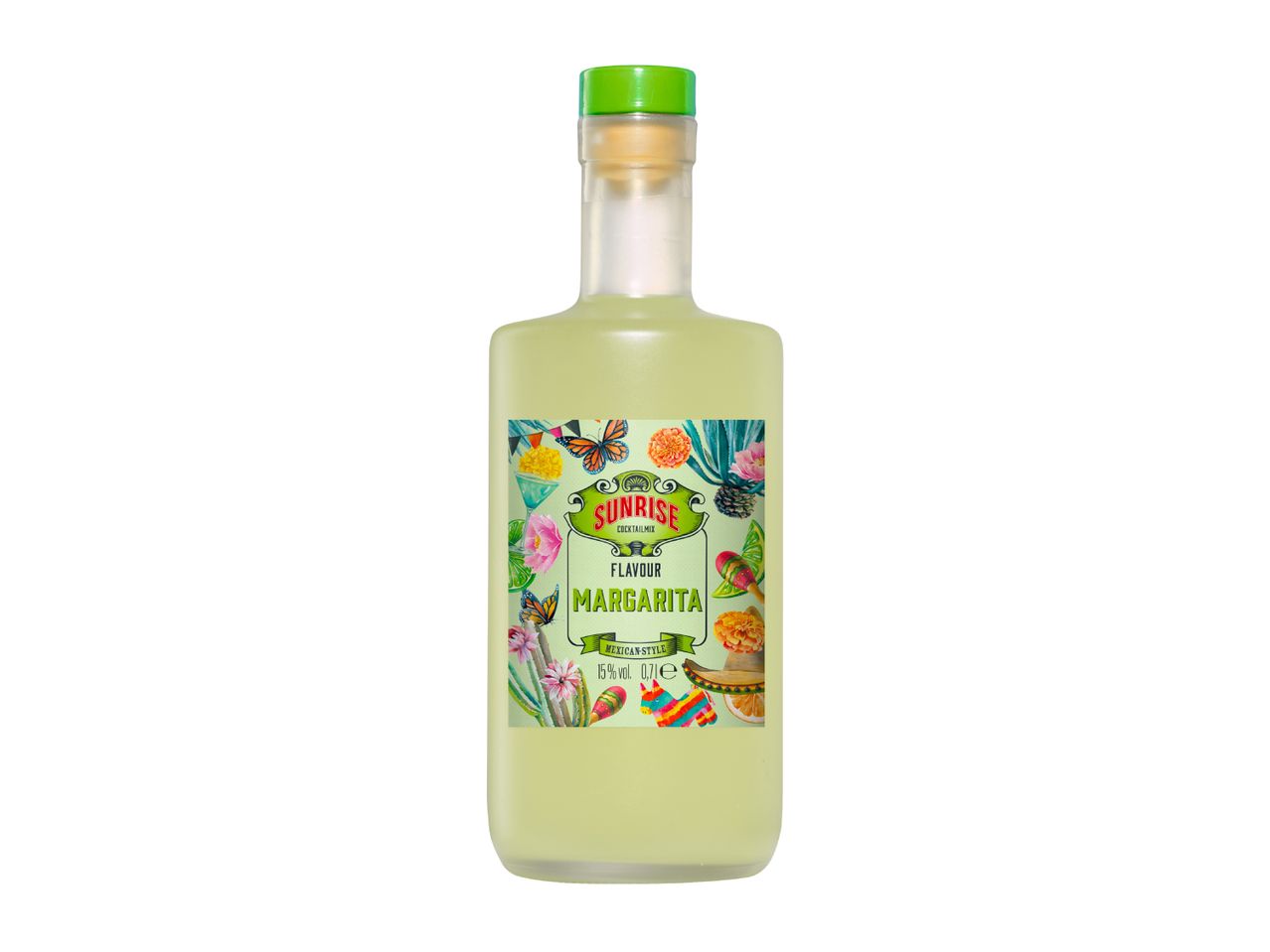 Bottle of pre-mixed margarita cocktail with a vibrant Mexican-themed label.