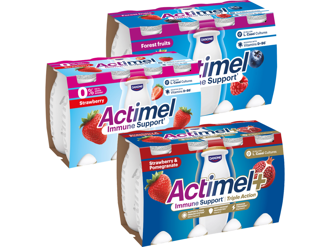 Tre förpackningar med Actimel immunitetsstödjande drycker i olika smaker.