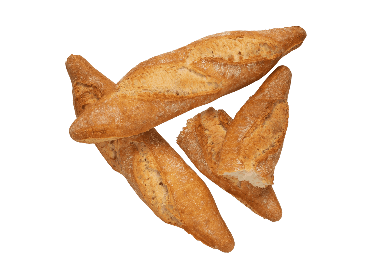 Vier Baguettes, eines davon gebrochen, auf schwarzem Hintergrund.