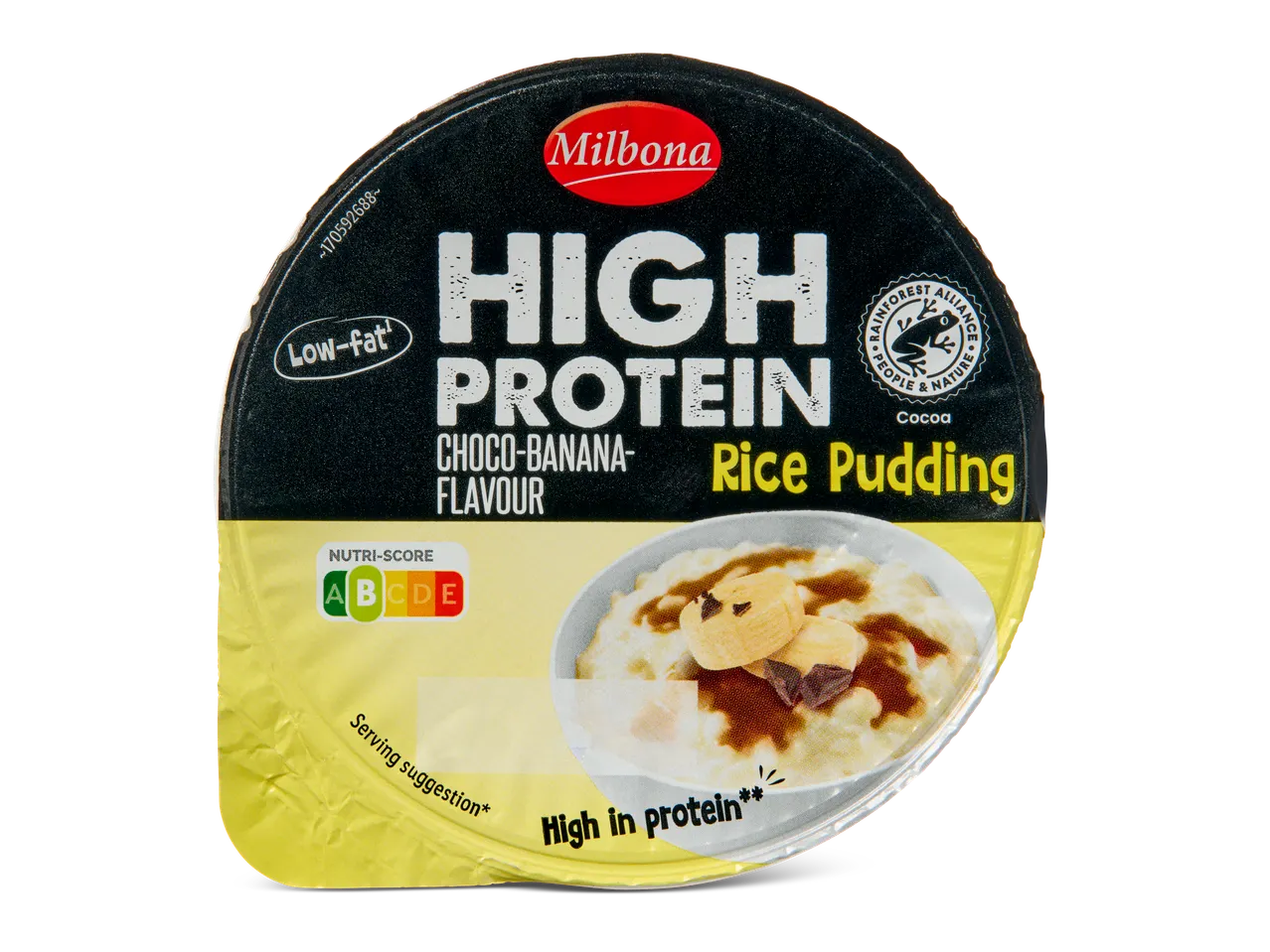 Milbona rijstpudding, hoog in eiwit, chocolade-banaan smaak, laag in vet.
