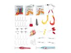 A comprehensive fishing tackle set including various hooks, lures, weights, swivels, and floats.