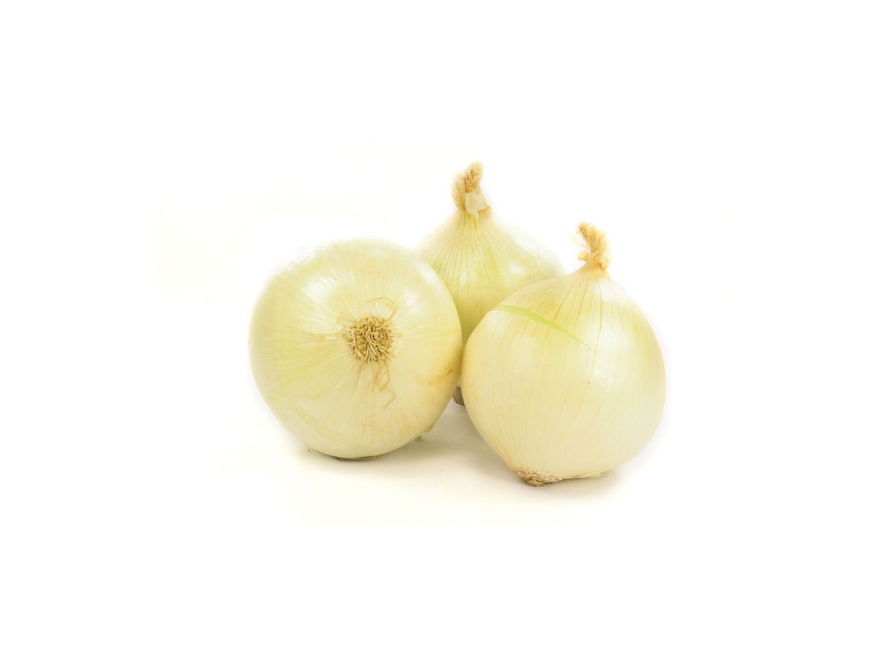 Três cebolas amarelas em fundo branco.