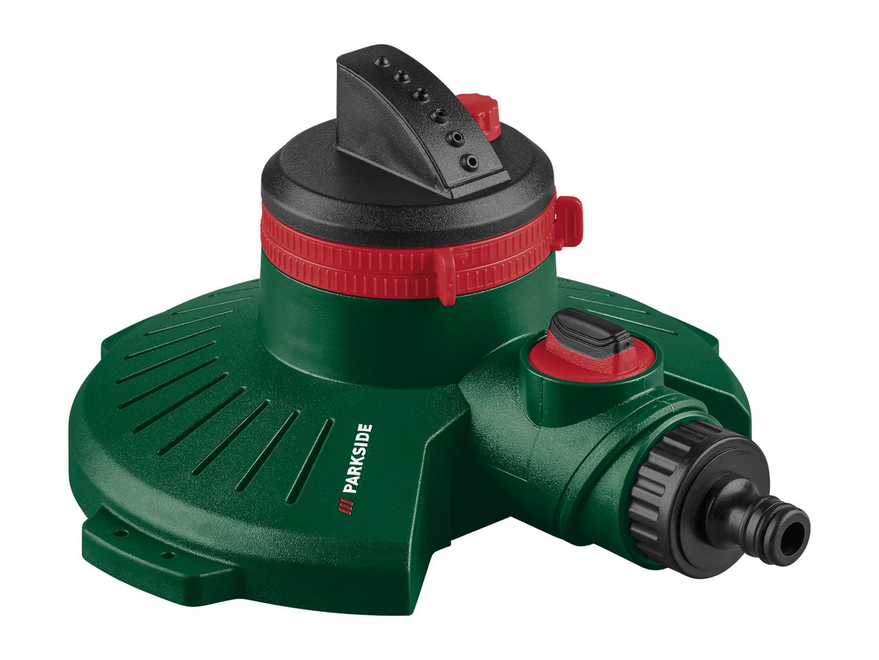 Green and red garden sprinkler with a black nozzle and hose connector.
