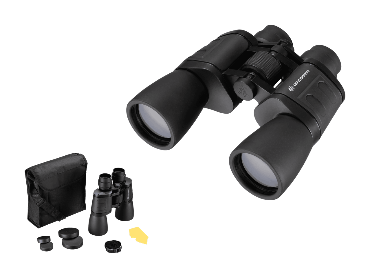 Bresser Fernglas mit Tasche, Objektivdeckeln und Reinigungstuch.