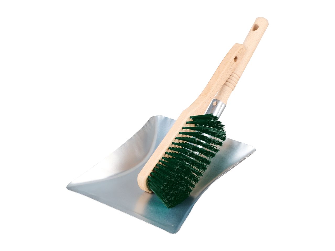 A dustpan and brush set with a wooden handle and green bristles.