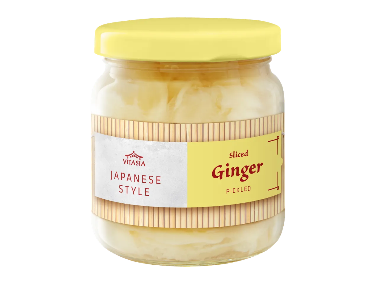 Jar of sliced pickled ginger, Japanese style, with a yellow lid and bamboo-patterned label.