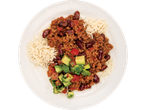 Chili con carne served with rice and guacamole.
