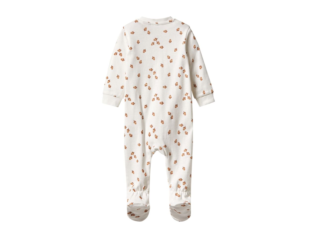 Back view of a white baby romper with a brown acorn pattern.