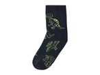 Dark blue socks with light green dinosaur and airplane patterns.