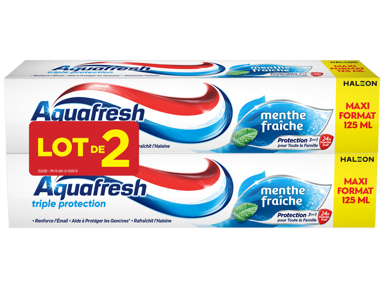 Lot de deux dentifrices triple protection à la menthe fraîche, format maxi 125 ml.