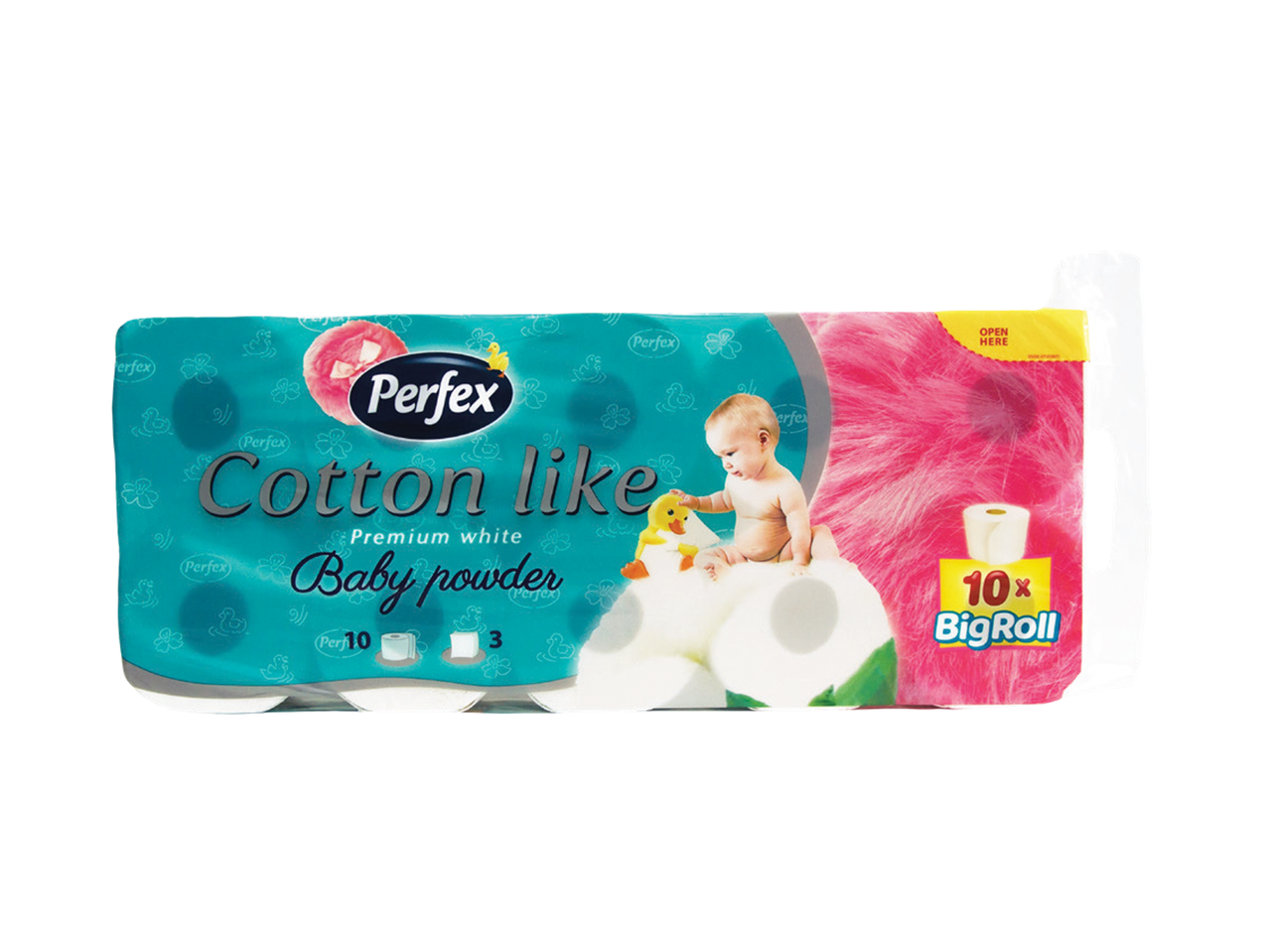 Pakovanje toalet papira sa natpisom „Cotton like Baby powder“ i slikom bebe.