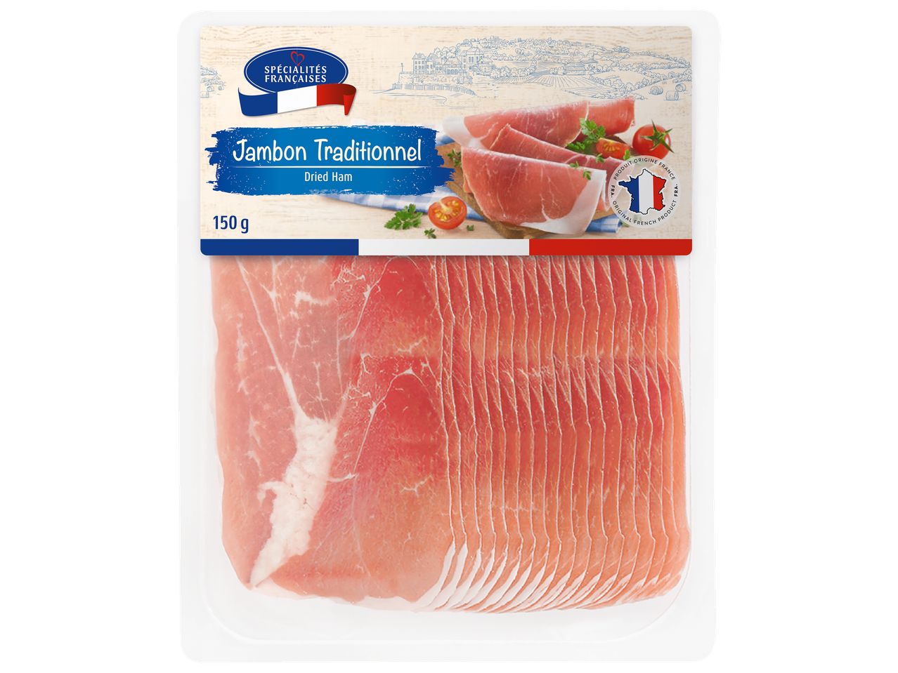 150g pakuotė tradicinės prancūziškos džiovintos šoninės griežinėliais.