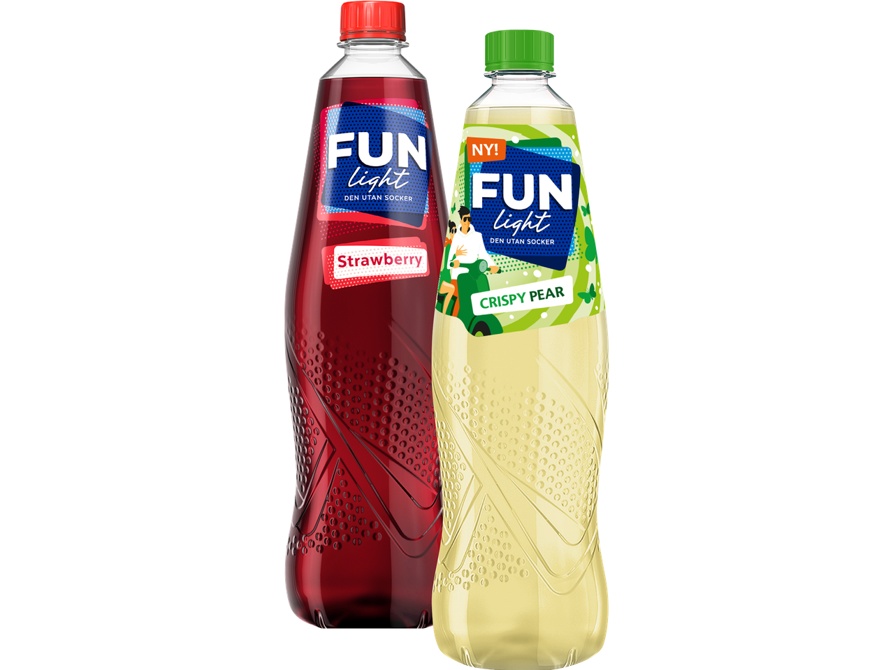 Två flaskor Fun Light saft, en röd och en grön.