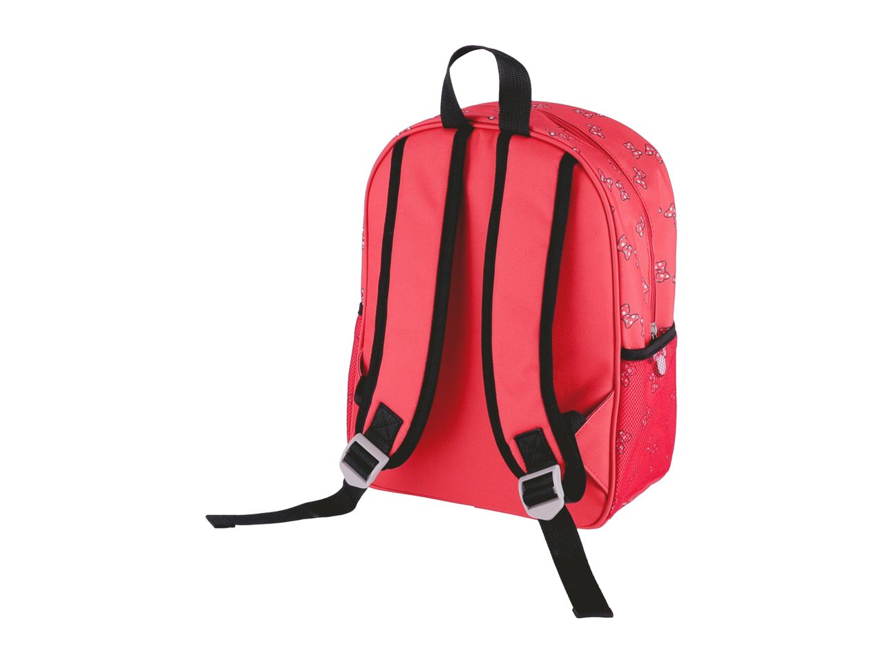 Pink backpack with bow pattern.
