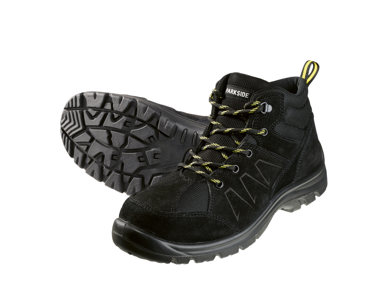 Pair of black work boots with yellow and black laces, one boot showing the sole.