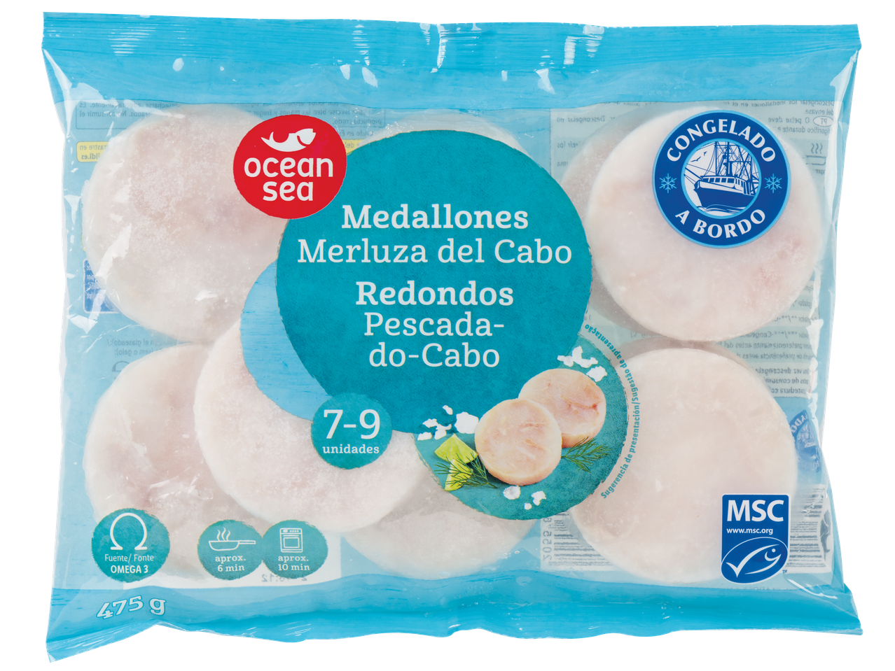 Medalhões de Pescada do Cabo congelados OCEAN SEA, 475g, com certificação MSC.
