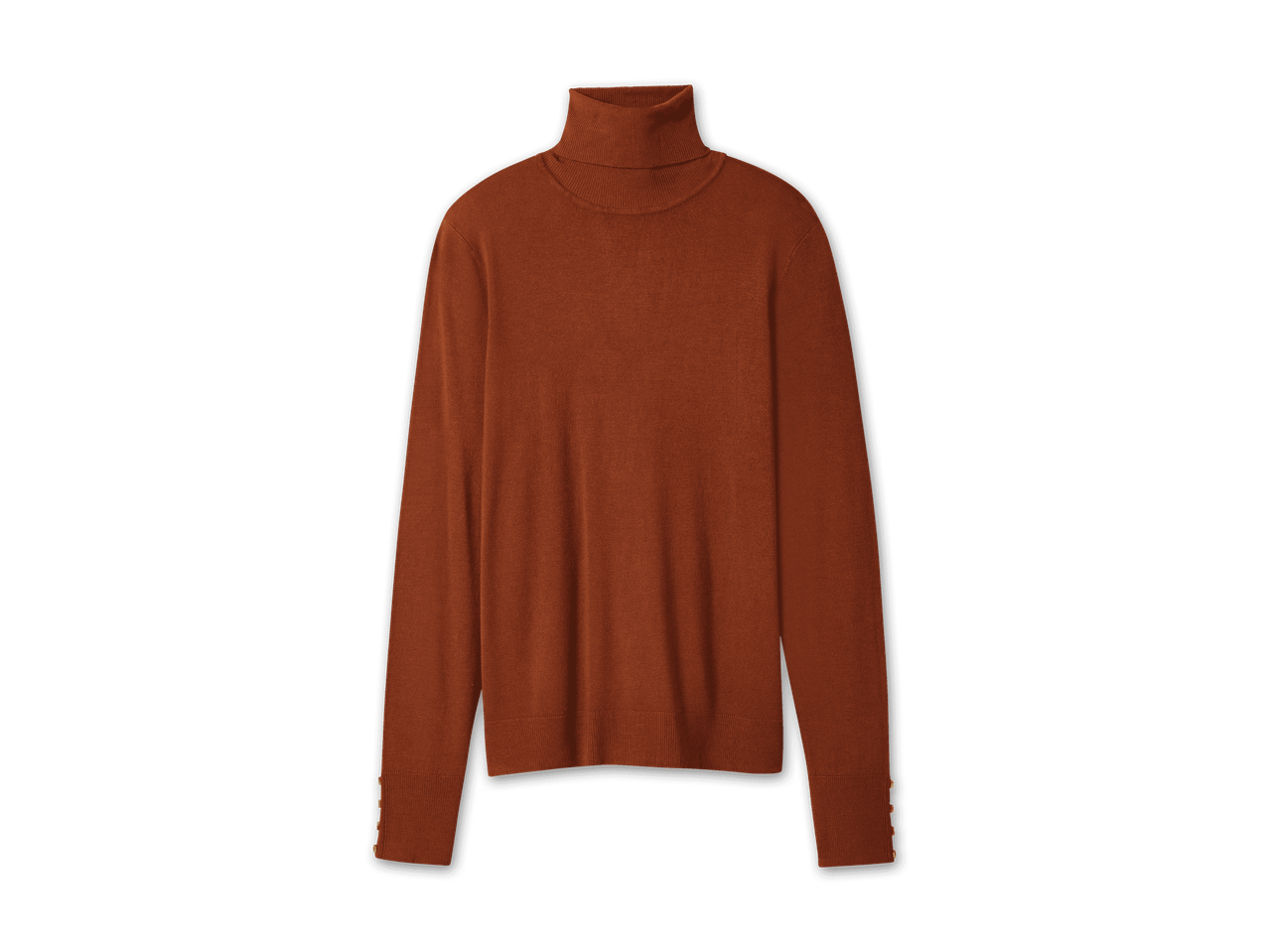Rostbrauner Rollkragenpullover mit langen Ärmeln und goldenen Knöpfen an den Manschetten.