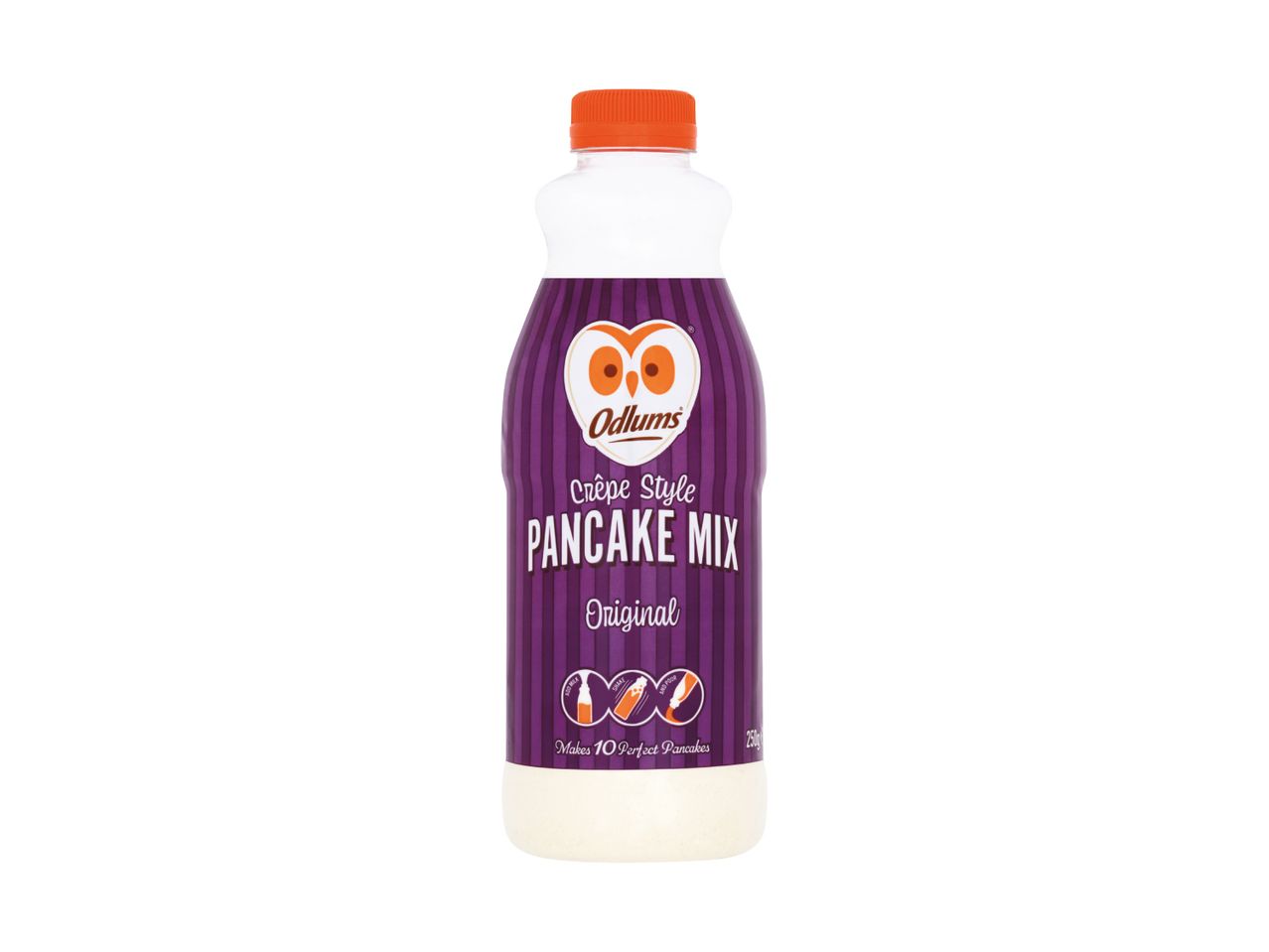 A bottle of crêpe style pancake mix, original flavor, with an orange cap and purple label.
