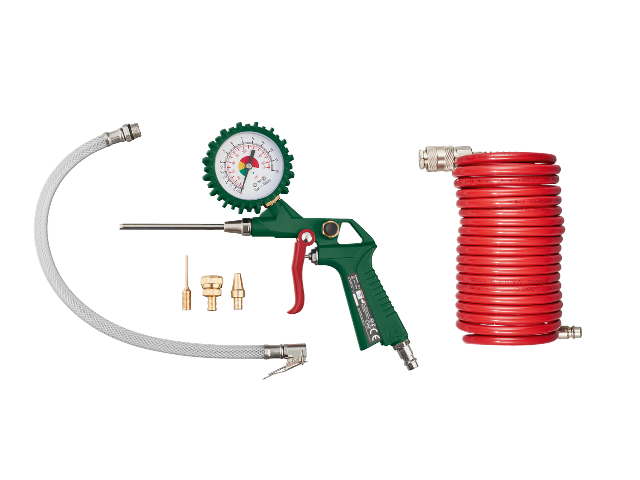 Parkside kompresszor tartozékok: gumiabroncsnyomásmérő, fúvópisztoly, tömlő és adapterek.