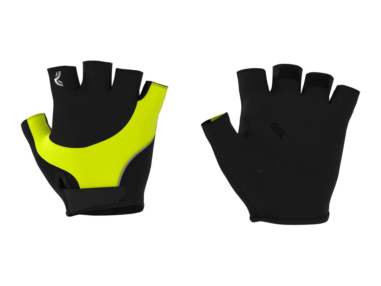 Pair of black and neon yellow fingerless cycling gloves, front and back view.