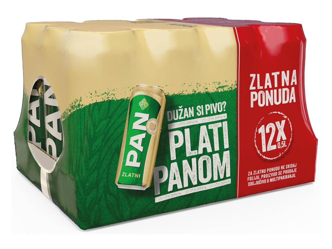 Pakiranje od 12 limenki piva s natpisom 'Zlatna ponuda' i sloganom 'Dužan si pivo? Plati Panom'.