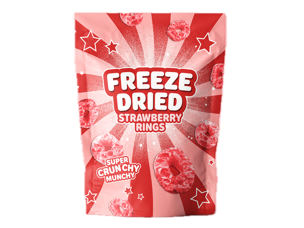 Zak gevriesdroogde aardbeienringen met de tekst 'Super Crunchy Munchy' op een rood-wit gestreepte achtergrond.