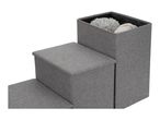 Grey fabric pet stairs with integrated storage compartments.