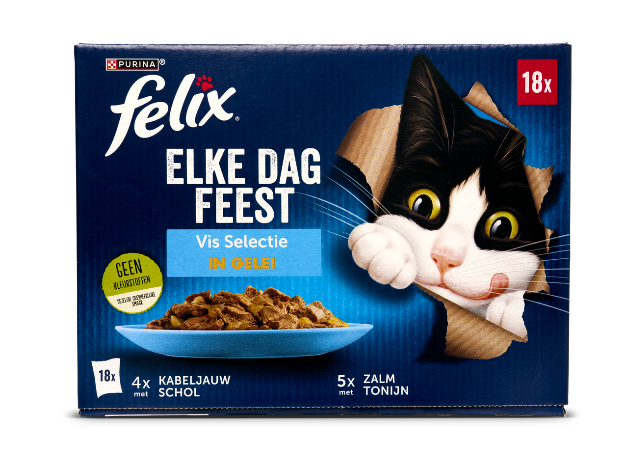 Doos met 18 porties kattenvoer, Vis Selectie in Gelei, met kabeljauw, schol, zalm en tonijn.