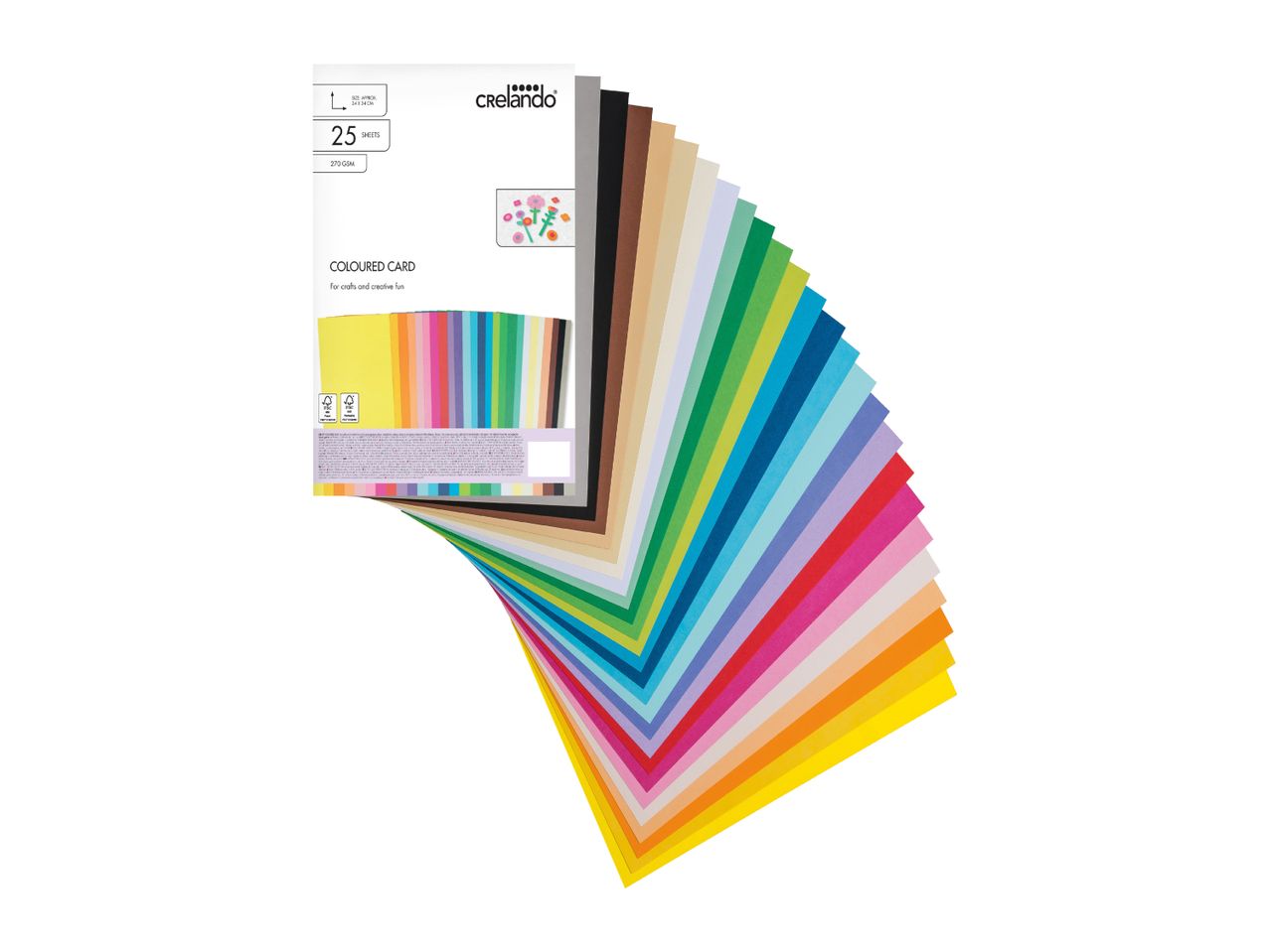 A pack of 25 sheets of coloured card, 24 x 34 cm, 270 GSM, for crafts and creative fun.