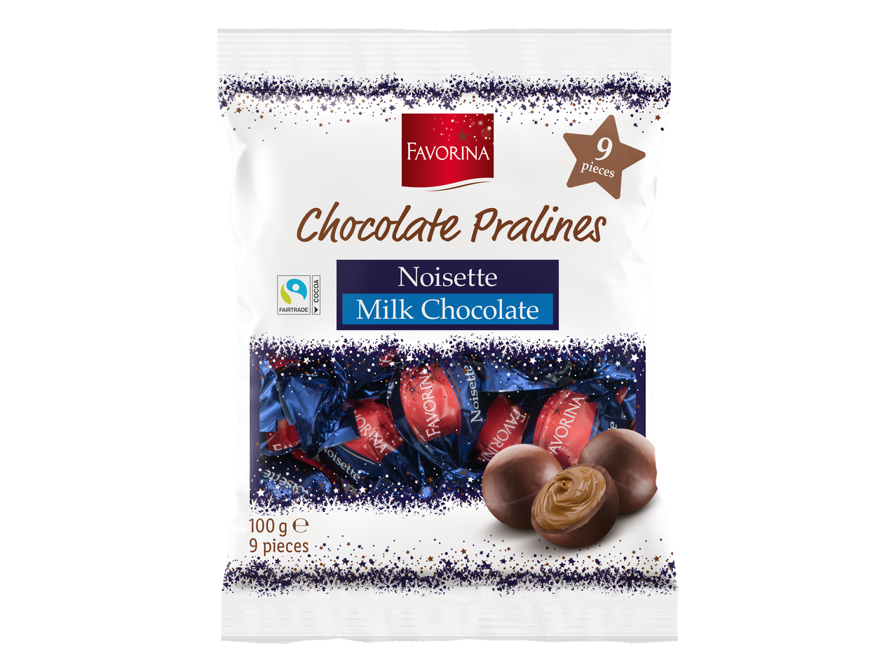 Favorina Piena šokolādes konfektes: iepakojums lazdu riekstu piena šokolādes pralinē, 9 gabali.