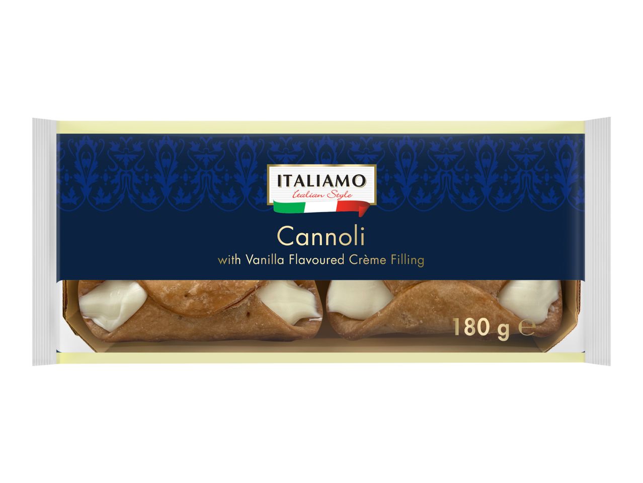 Cannoli with vanilla flavored crème filling in a blue and gold package, 180g.