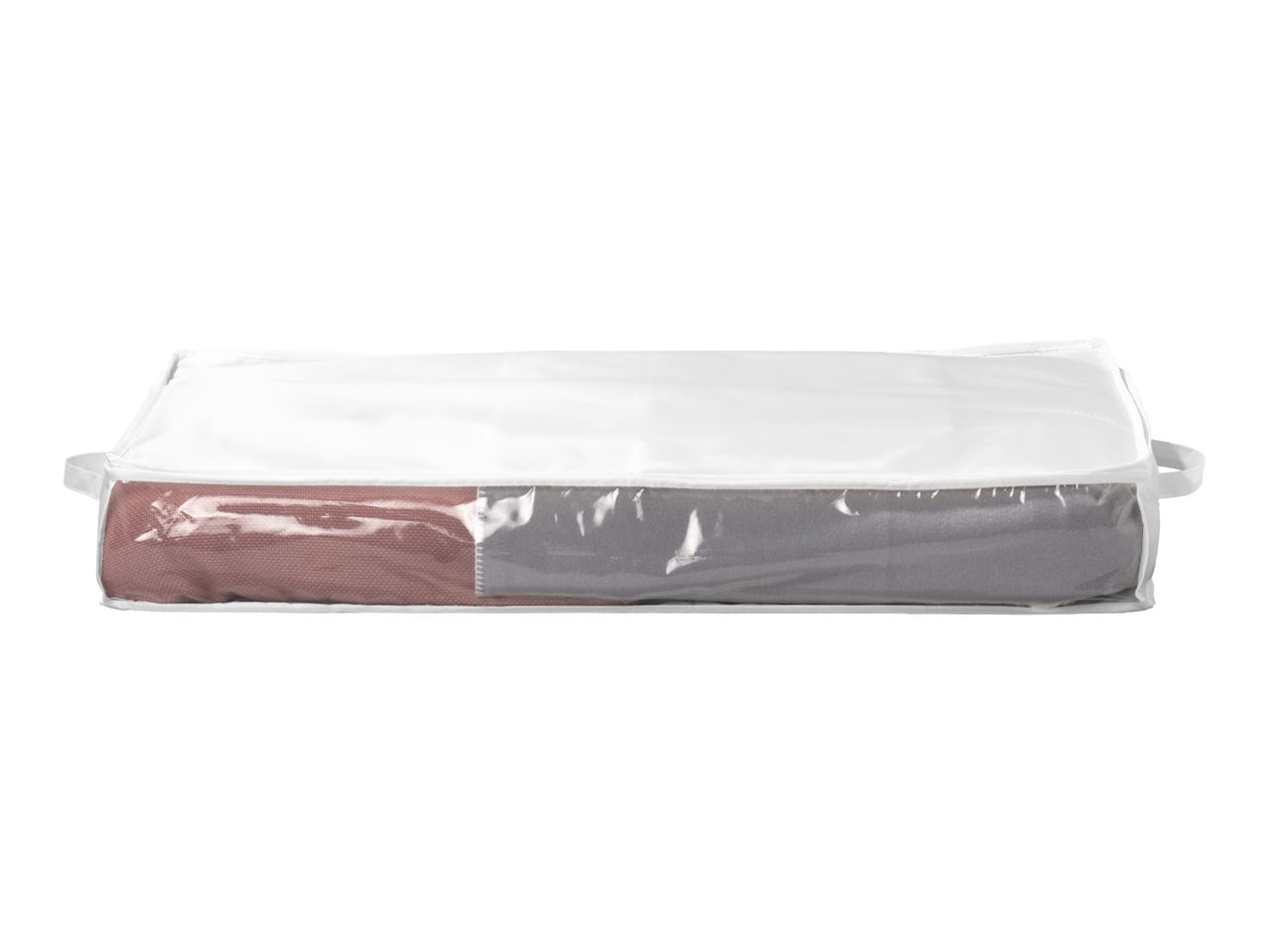 A clear plastic storage bag with a brown and gray blanket inside.