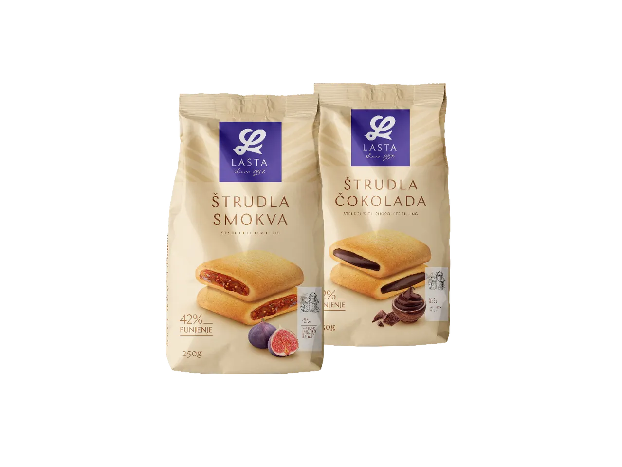 Dva pakovanja štrudli, jedna sa punjenjem od smokve, druga sa čokoladnim punjenjem.