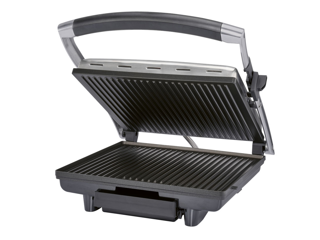 Grelhador de contacto Silvercrest® aberto, pronto a usar.