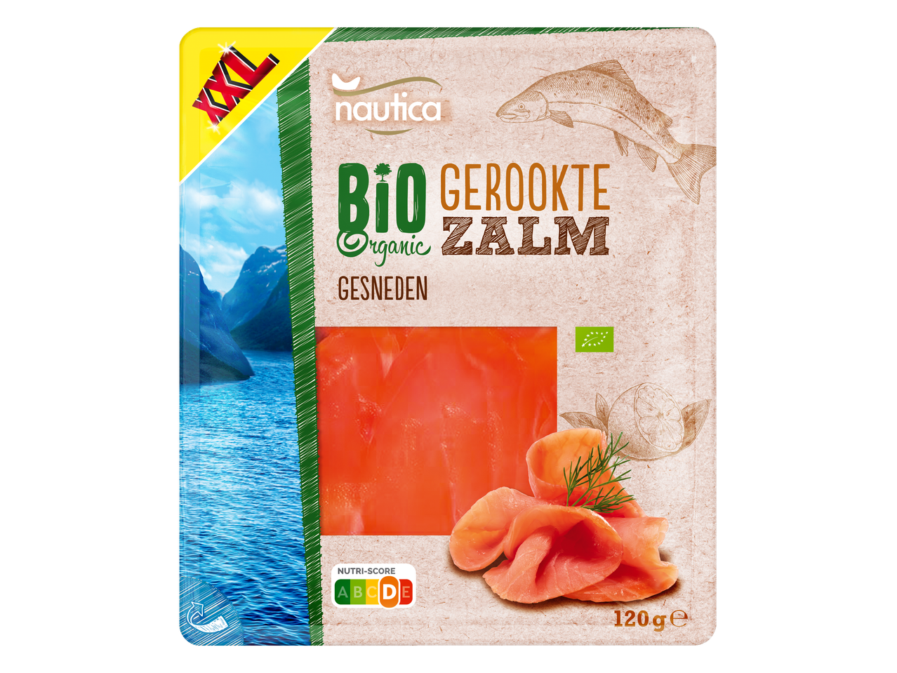 Nautica Bio gerookte zalm, gesneden, 120g.