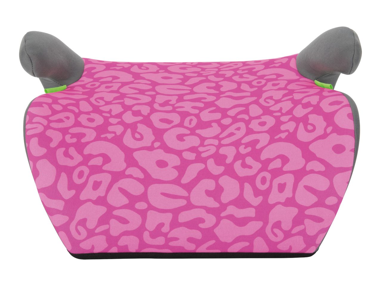 Pink leopard print booster car seat with gray armrests and green accents.