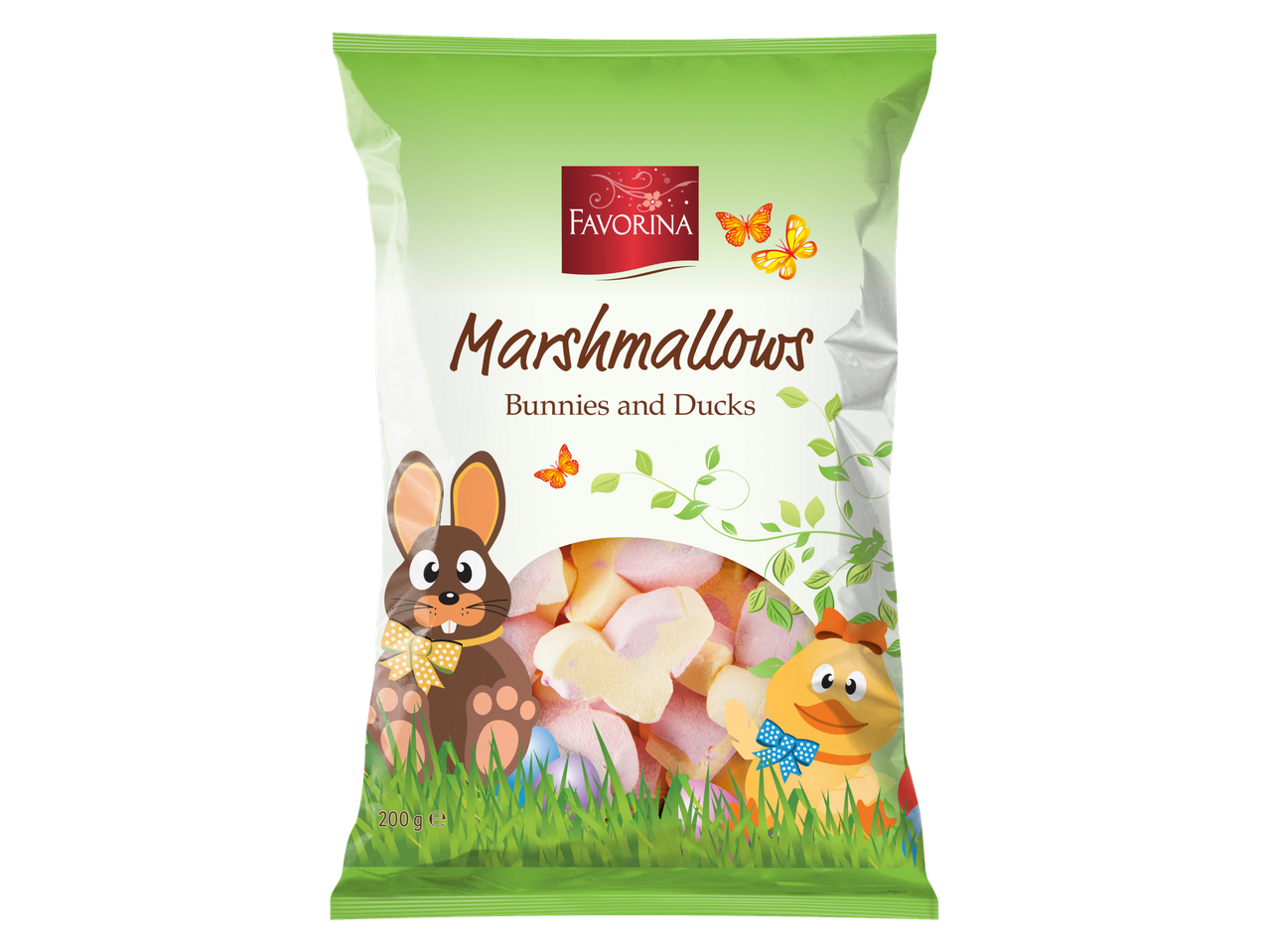 Favorina Marshmallows Zuikučiai ir Ančiukai, 200g pakuotė su Velykų motyvais.