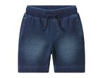 Dark blue denim shorts for children with an elasticated waist and drawstring.