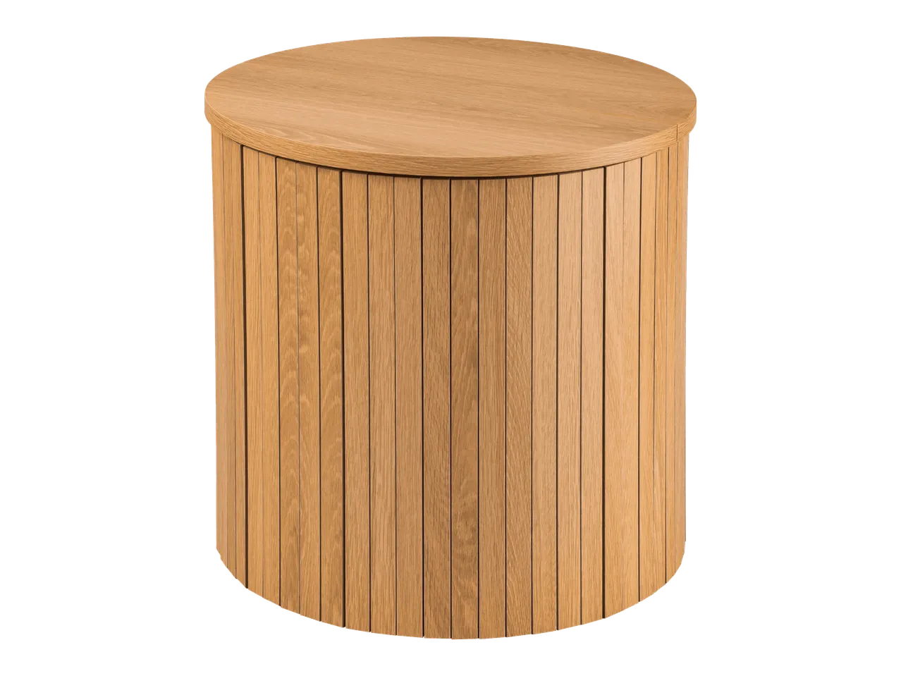 Pyöreä puinen sivupöytä tai säilytysastia, jossa on pystysuorat puupaneelit.