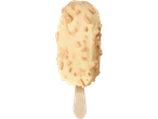 Sorvete coberto com chocolate branco e pedaços de amendoim, em palito de madeira.