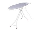 White ironing board with a light grey cover and a white iron rest, with text 