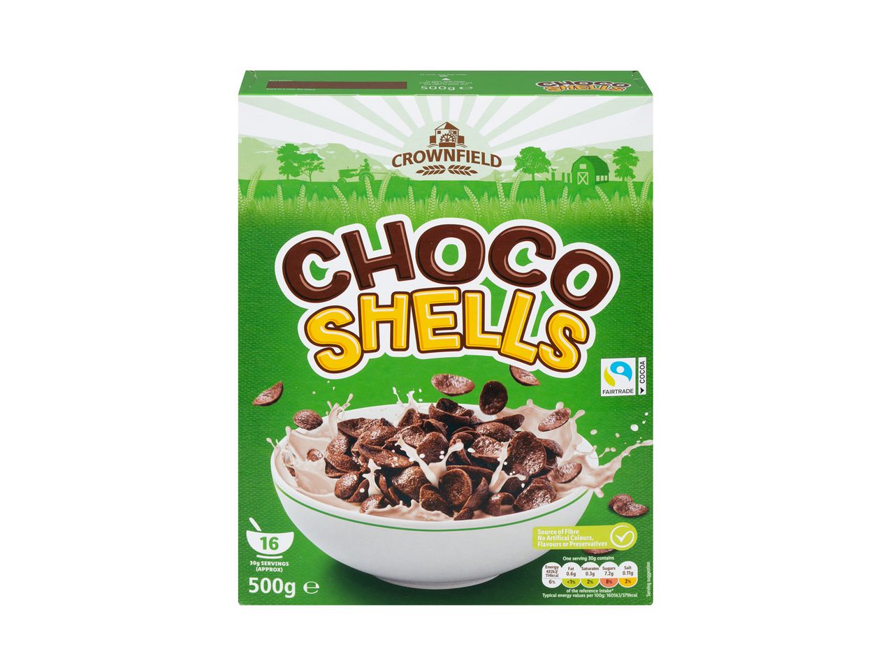 Crownfield Choco Shells chocolate cereal, Fairtrade.