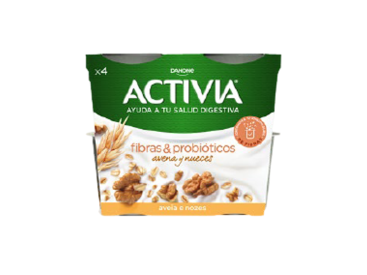 Iogurte com fibras e probióticos, aveia e nozes, embalagem de 4 unidades.