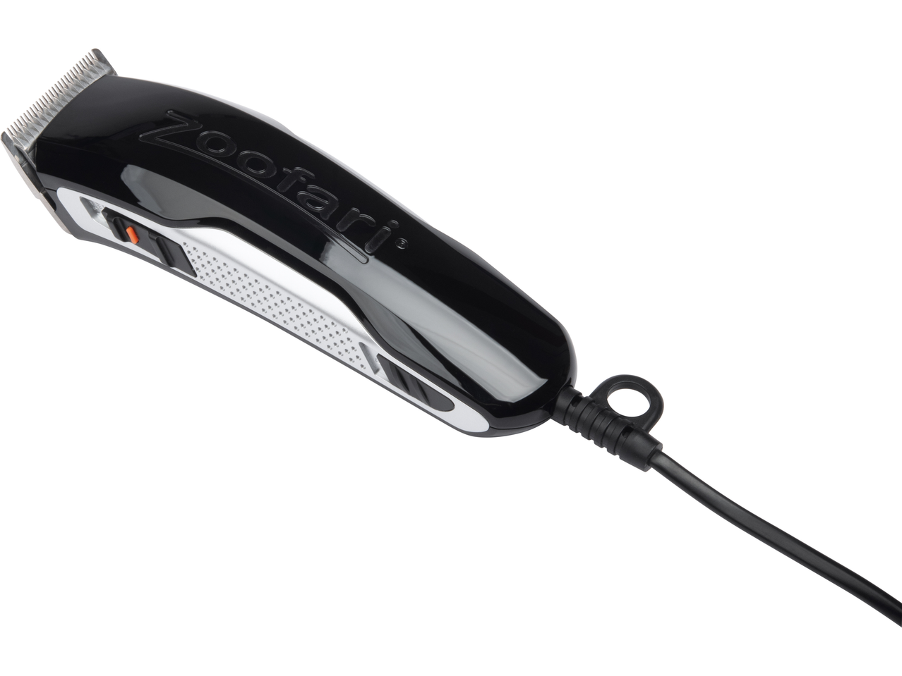 A black and silver Zoofari pet hair clipper with a black cord.
