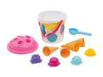 Colorful sand toy set with a bucket, ice cream cones, and molds.