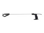 A black and silver grabber tool with a handle and claw on a white background.