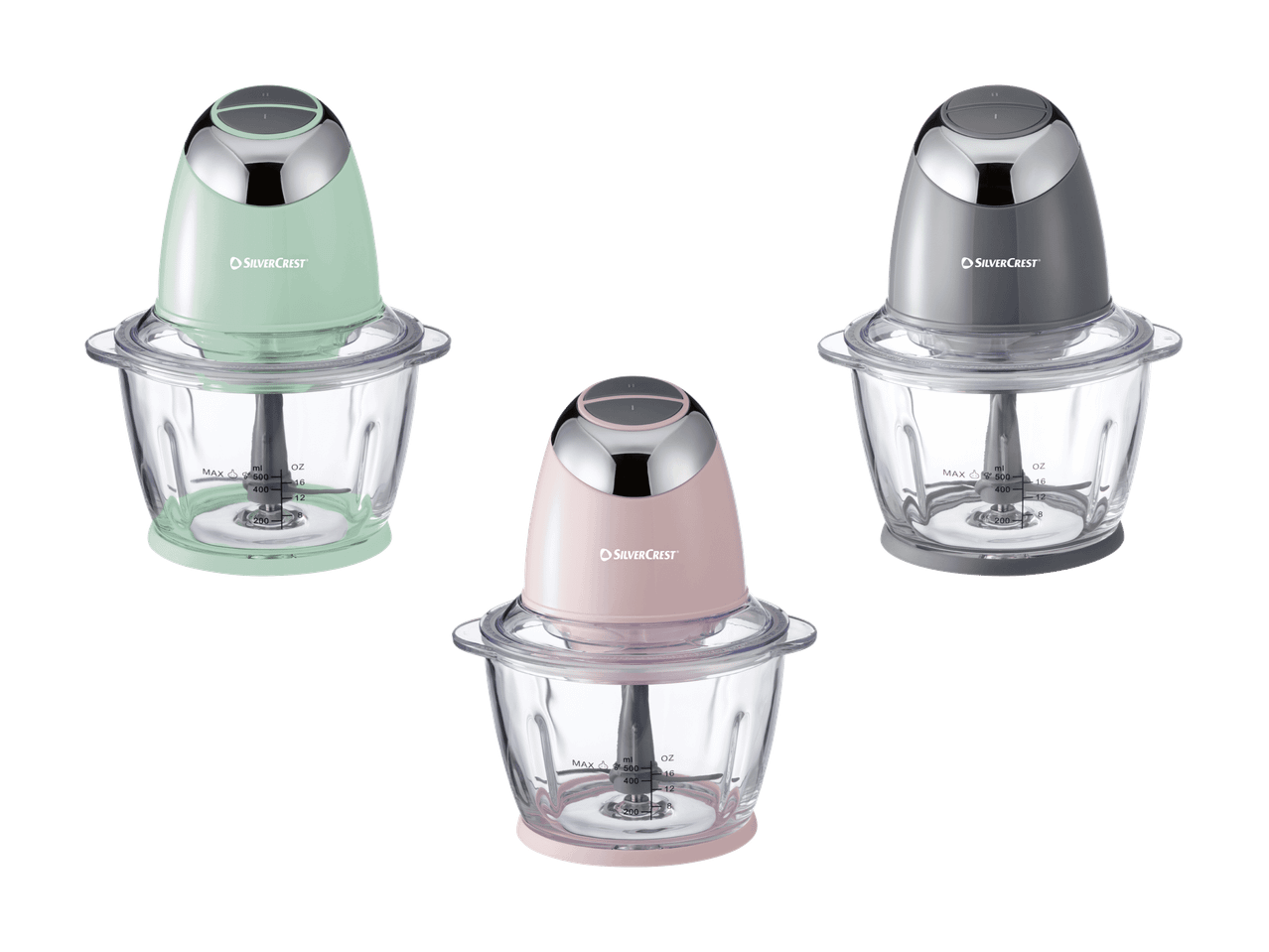 Tre tritatutto SilverCrest nei colori verde menta, rosa e grigio.