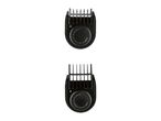 Two black hair clipper attachments with adjustable length settings.