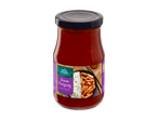 Vitasia Ajam Pangang Wok Saus in een glazen pot met een etiket dat kip en rijst toont.