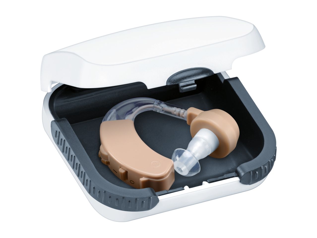 Hearing aid in an open white and dark grey case.